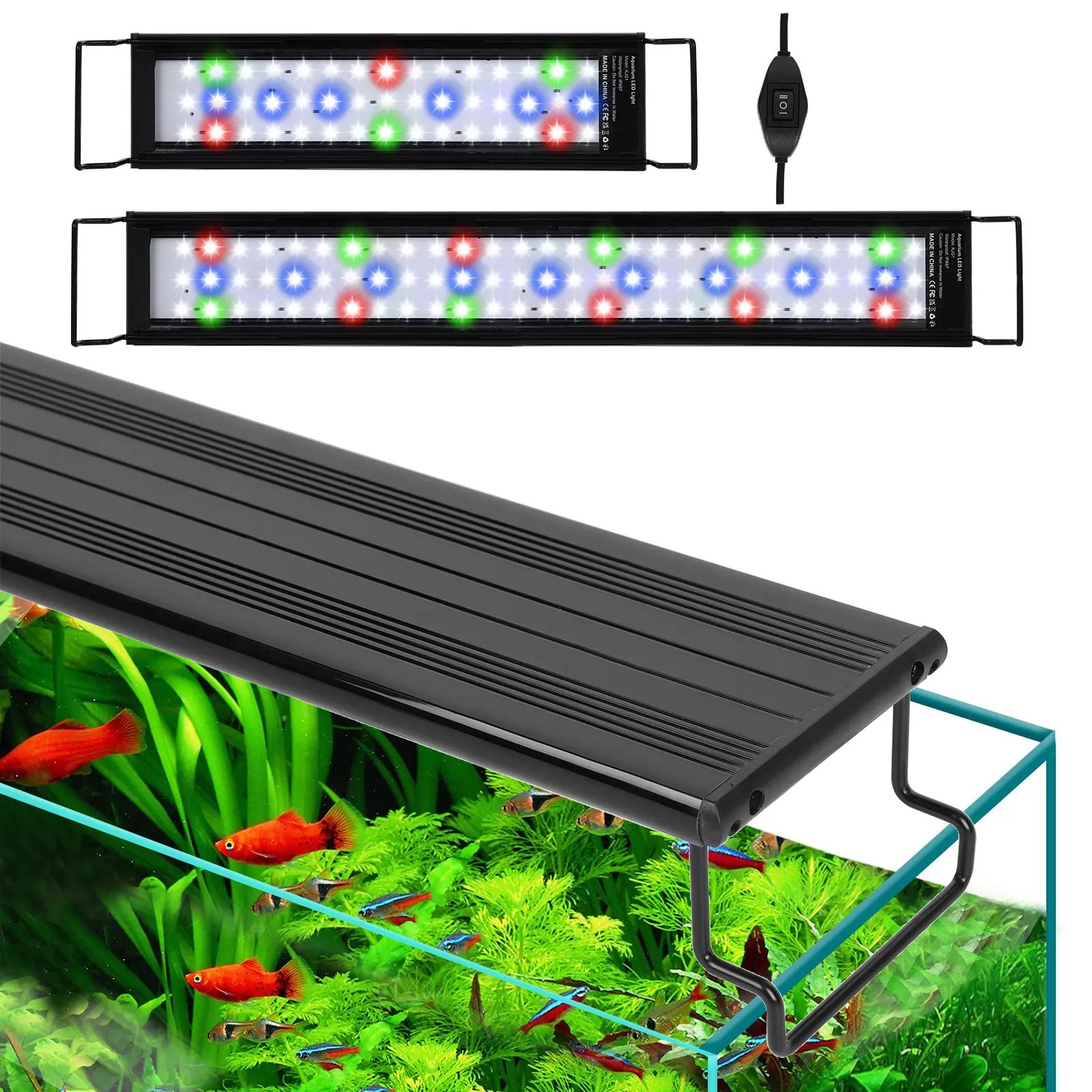 1× Aquarium LED Light, 10W Full Spectrum Metal Fixture (12-18 In Adjustable Extendable) with Adjustable Mount, Day/Night Cycle, Multi-Color (White,Blue,Red,Green), Growth-Boost, Energy-Efficient for Fresh/Salt Water Tanks, Bright Natural Glow, Power Plug