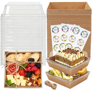 50 Pack Small Charcuterie Boxes with Clear , Brown Paper Boxes 5.3 x 4.9 x 2.5 Inch, Individual  Boxes with Rope and Stickers for Desserts, Cake Slices, Snacks and Bakery Orders