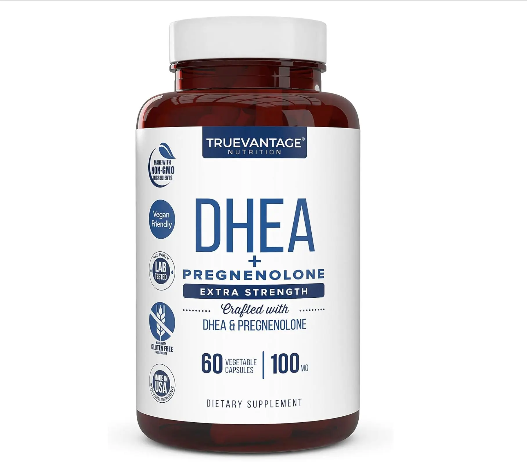 TrueVantage Nutrition DHEA 100mg & Pregnenolone 60mg Supplement for Energy, Mood, Sleep, and Healthy Aging – Vegan Friendly – 60 Veggie Capsules