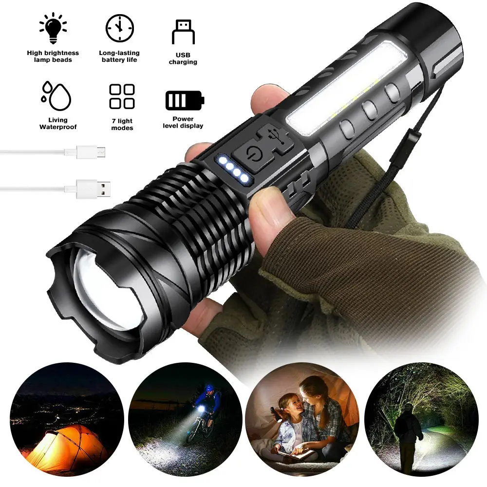 Super Bright High Lumens Rechargeable Flashlight - High Performance Multifunctional Flashlight with 7 Modes, COB Side Light, Portable Worklight for Emergency, Camping, High Performance Flashlight