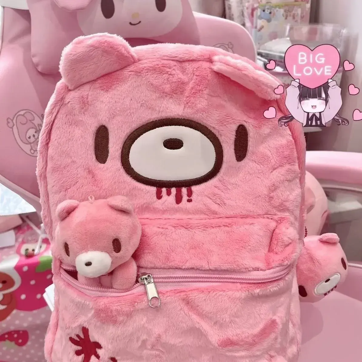 Y2K Pink Plush Bear Backpack Kawaii Creepy Cute Doll Bag Goth Punk Stuffed Animal Rucksack Women Girls Harajuku Streetwear Gift Novelty and Prank Toys