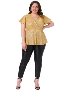 Agnes Orinda Women's Plus Size Sequin Tops V Neck Faux Wrap Short Sleeve Metallic Shirt Sparkly Party Blouses