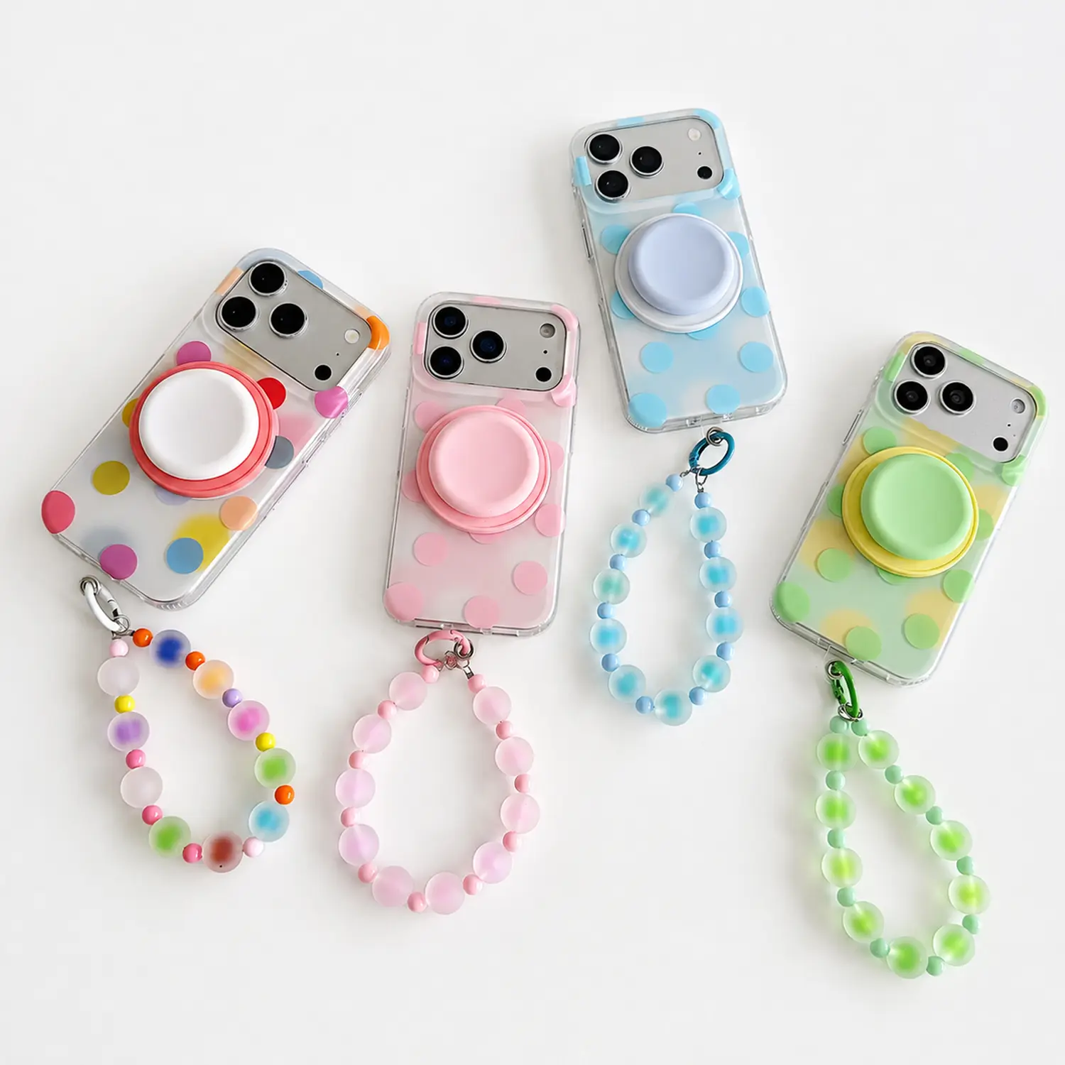 Magnetic Phone Case for iPhone 17 Pro Max 16 15 Pro with Phone Grip Stand and Beaded Wrist Strap Lanyard, Cute Colorful Polka Dot Clear Case for Women Girls