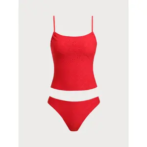 SAMIOL Red Hollow Flat Collar Tankini Set Professional Fitness Style Tankini Streamlined Cutting Sweat Absorbent Fabric Unrestricted Movement For Diving Surfing Long Time Outdoor Water Sports Costume