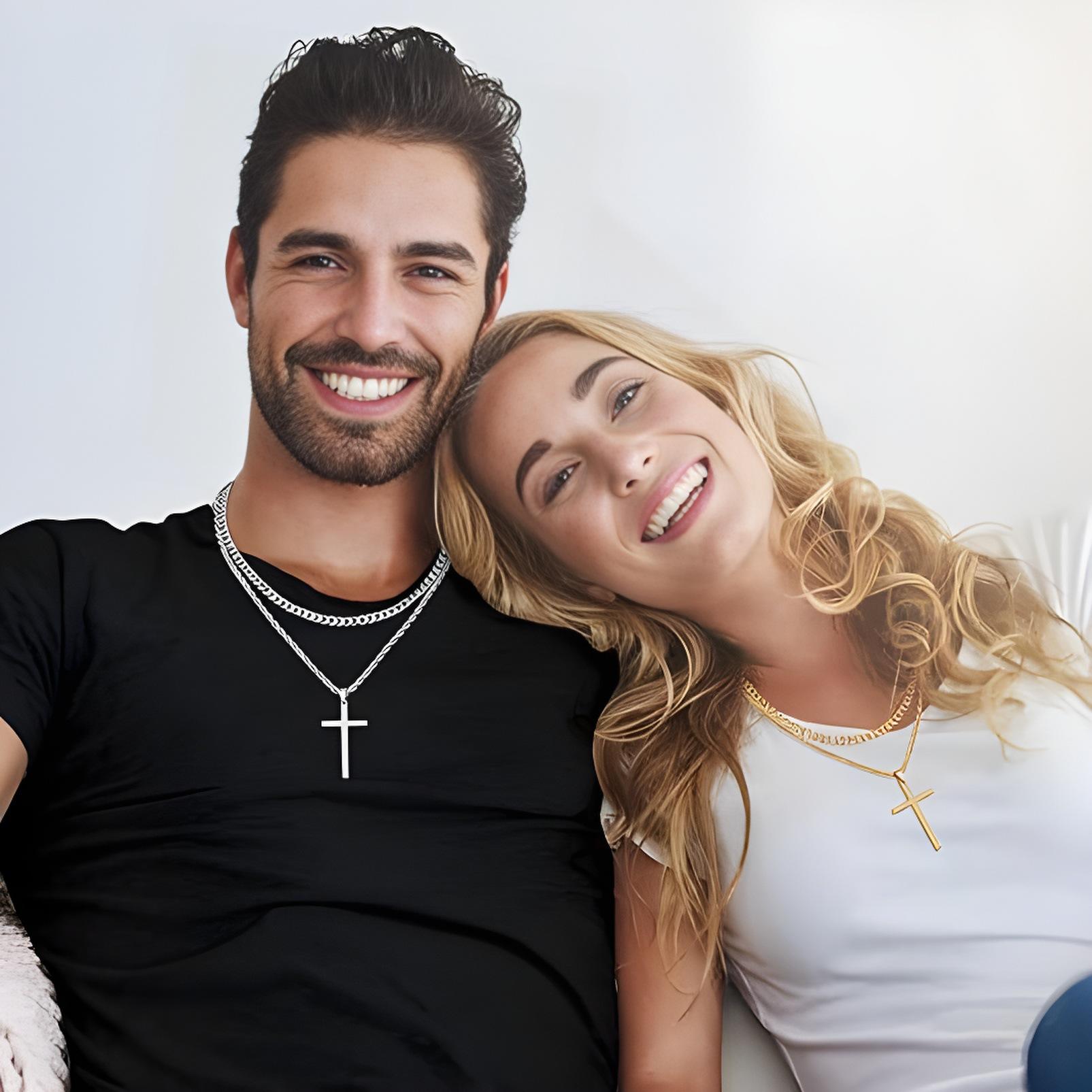 Men's Double-Layer Cross Pendant Necklace - Silver Polished Metal, Flat Cuban & Twist Chains, Streetwear & Party Costume Jewelry, Daily Fashion Accessory, Gift for Men