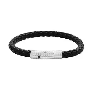 Stately Steel Men's Black Braided Leather Bracelet with Textured Clasp
