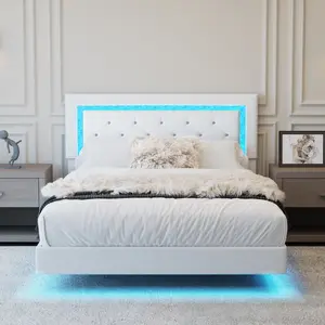 Full Size Bed Frame with LED Lights, Upholstered Floating Platform Bed with Diamond Tufted Headboard, No Box Spring Needed, Noise Free, Easy Assembly, Beige