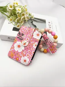 Women's Boho Style Daisy Flower Pattern Phone Wallet, Zipper Wallet Design, Fashionable Silicone Beaded Wristlet Phone Wallet with Tassel Decor, Phone Wallet Purse