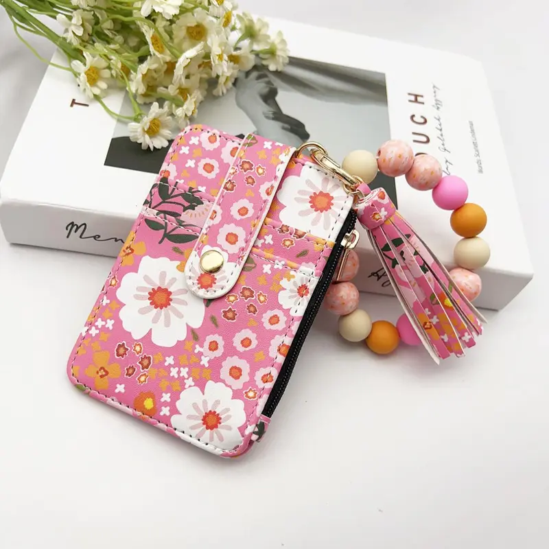 Mother's Day Gift Women's Boho, Bohemian Style Daisy Flower Pattern Phone Wallet, Zipper Wallet Design, Silicone Beaded Wristlet Phone Wallet with Tassel Decor, Phone Wallet Purse