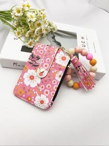 women's boho style daisy flower pattern phone ladies wallet and charm, fashionable silicone beaded wristlet phone wallet with tassel decor, casual trendy versatile high-quality daily wallet, stylish wallet