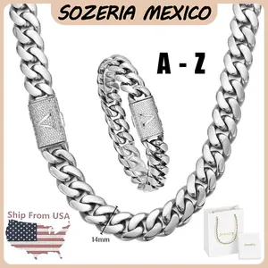 Silver Stainless Steel Cuban Link Chain & Bracelet Set for Men, 14mm Heavy Miami Cuban with A–Z Initial Letter Clasp, Gothic Punk Hip Hop Style, Personalized Matching Jewelry Set Gift for Him, Bold Statement Daily Wear
