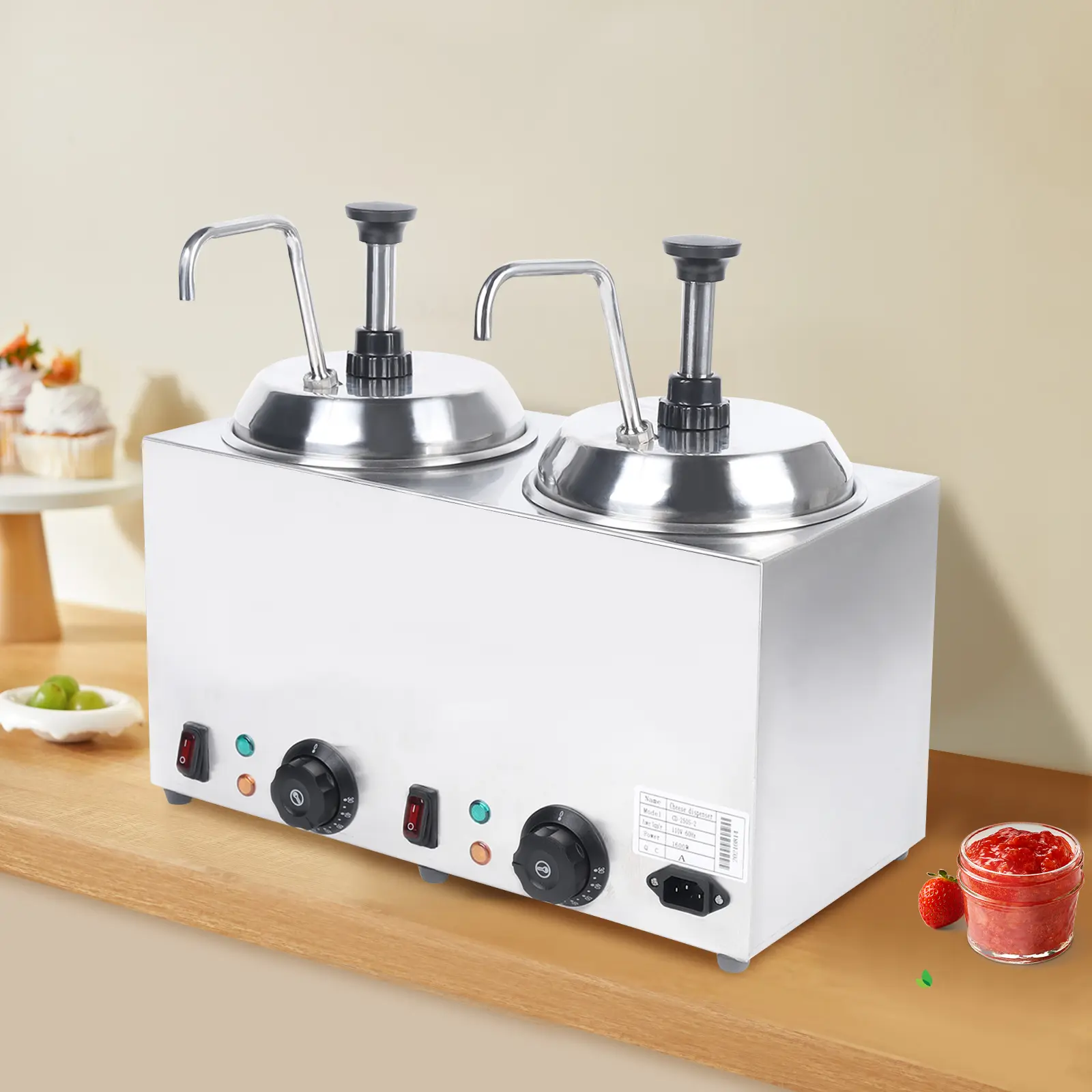 CNCEST 1600W Stainless Steel Electric Sauce Warmer, Dual 2.64QT Barrel Dispenser with Adjustable Temp Controls, US Standard Pump for Heating Cheese, Chocolate Sauces, Heats Sauces