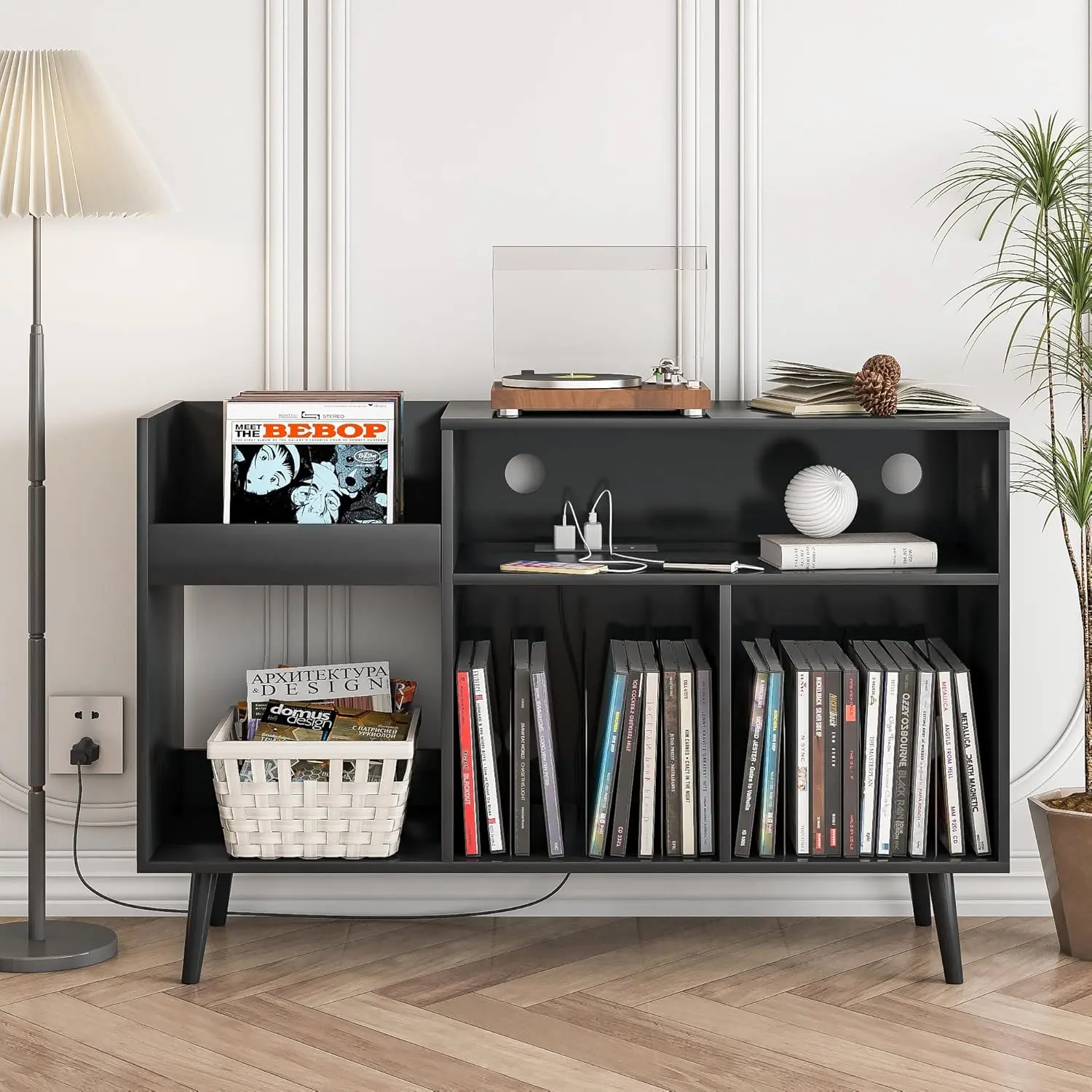 Mid Century Modern Large Freestanding Record Player Cabinet with Plugs - Turntable Stand, Divideable Double Stacked CD Racks, 350-Album Vinyl Storage for Living Room Display