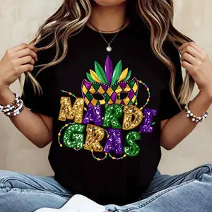 Casual T-Shirt Mardi Gras Mask And Beads Design For Festival Celebration