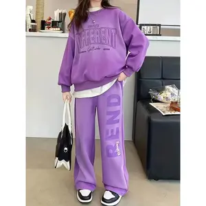Girls' 2pcs Purple Gradient "REND" Letter Print Tracksuit - Comfy Polyester Crew Neck Sweatshirt & Wide-Leg Pants, Adjustable Breathable Fit for Casual Spring/Fall Wear