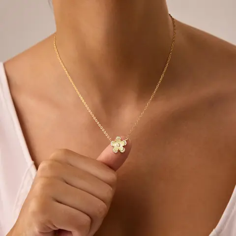 Tewiky Gold Laser Pattern CZ Pendant Necklace 5 Petal Flower & Irregular Heart Charms, Valentine Ready Costume Jewelry Gift for Special Occasions