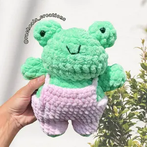 Green Crochet Frog in Pink Overalls