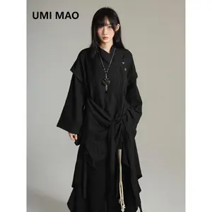 UMI MAO Irregular Lace Up Design Chinese Style Stand Up Collar Shirt Men Women Long Sleeved Shirt Fake Two-piece Top Y2K