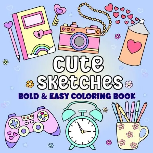 Bold and Easy Cute Sketches Coloring Book for Adults and Kids: 50 Simple and Big Designs with Thick Lines for Kids, Adults and Beginners