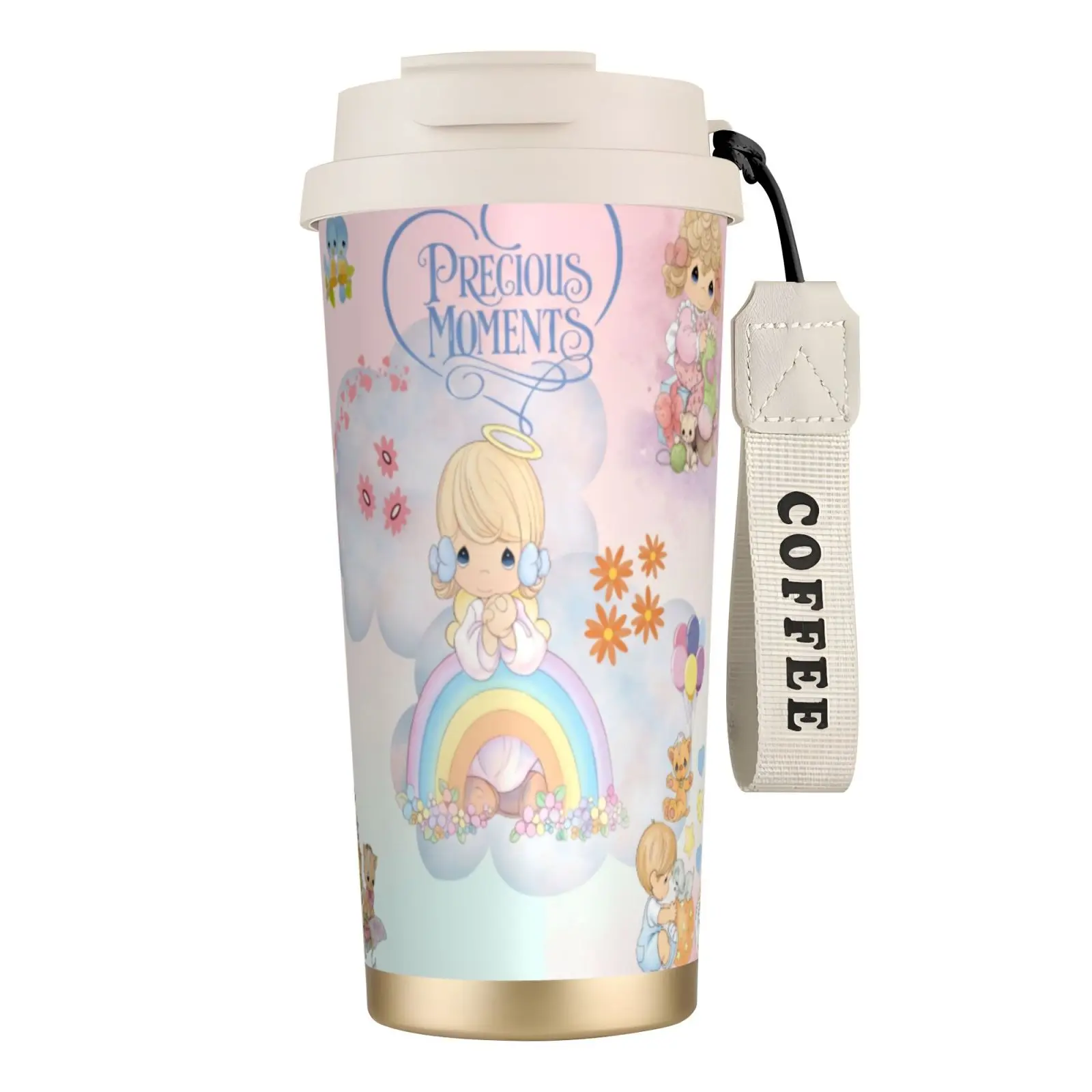 Kawaii Precious Moments Thermal Stainless Steel Coffee Flask - Stylish Vacuum Insulated Tumbler with Nostalgic Character, Strap, Dual-Drink Lid, Portable for Daily Use