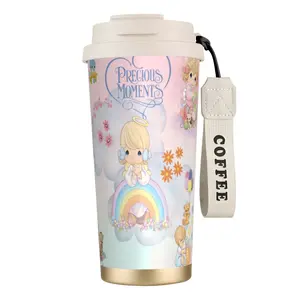 Kawaii Precious Moments Thermal Stainless Steel Coffee Flask - Stylish Vacuum Insulated Tumbler with Nostalgic Character, Strap, Dual-Drink Lid, Portable for Daily Use
