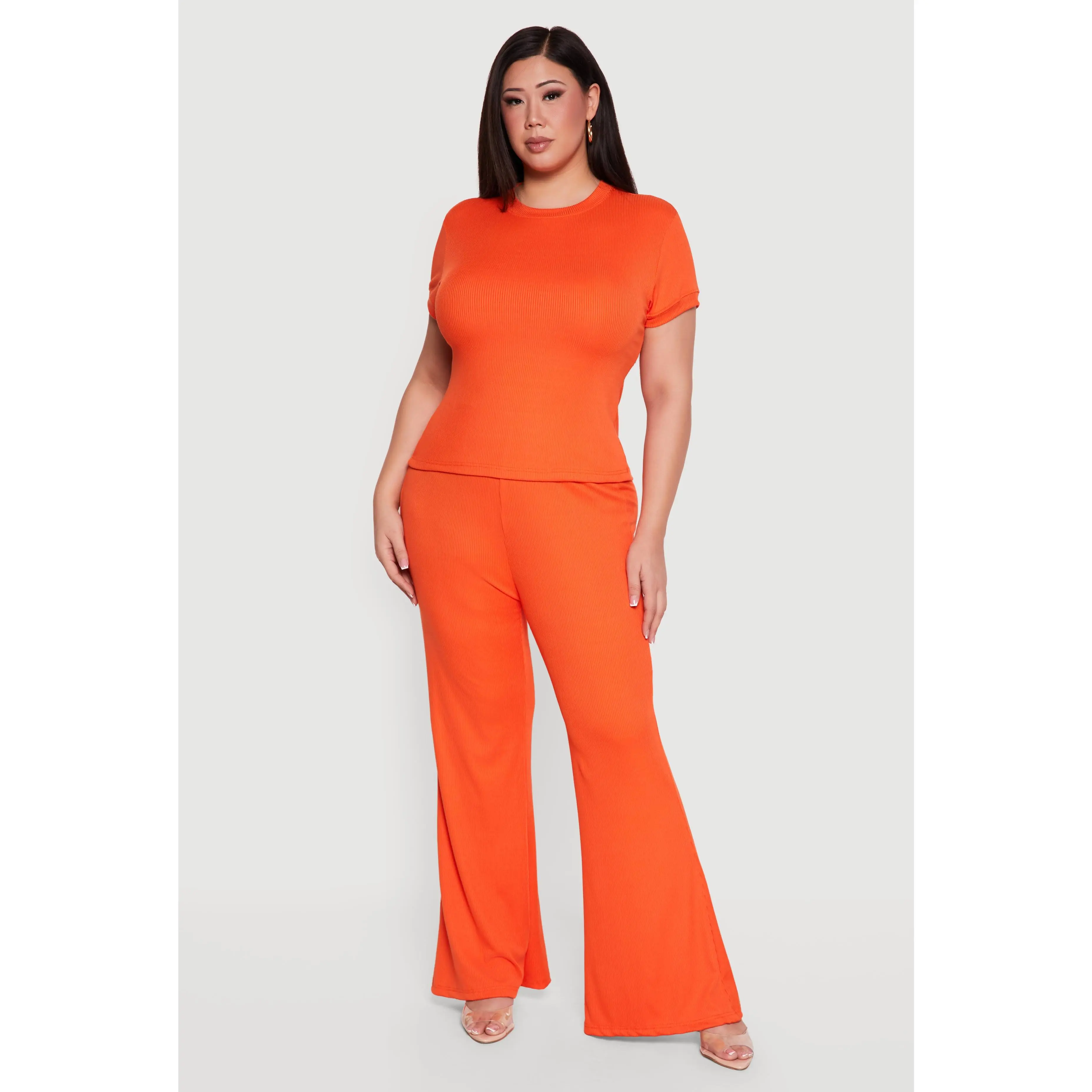 Plus Size High Waisted Ribbed Knit Flare Pants