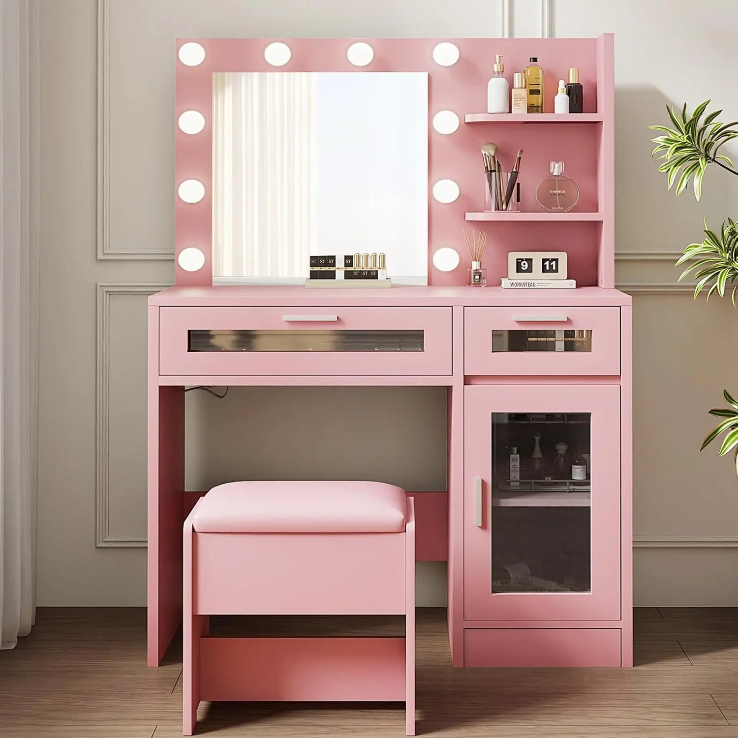 Acrylic Dressing Table with Chair Set - Pink
