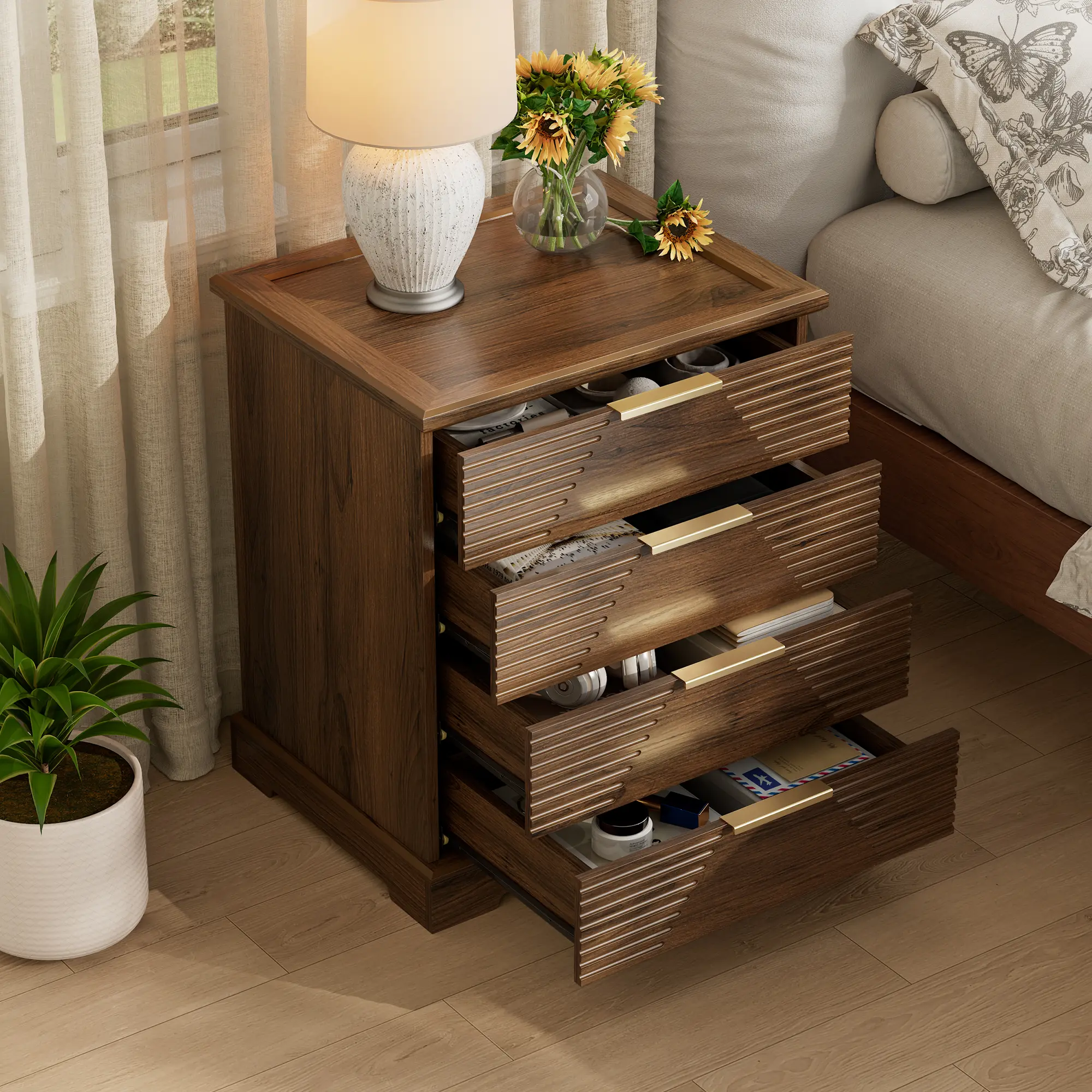 Gyfimoie Tall Nightstand with 4 Drawers, Modern Fluted Bedside Table with Gold Bar Pulls, Walnut Wood Storage Cabinet, Versatile Bedside Organizer for Bedroom Living Room