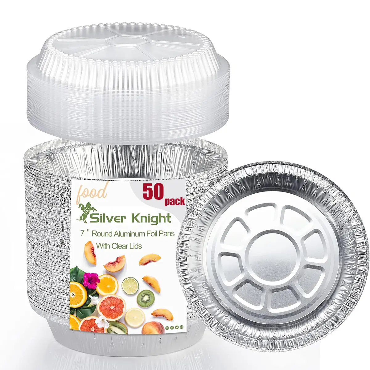 SilverKnight 50-Pack 7-Inch Round Aluminum Disposable Cookware Set with Plastic Dome Lids, for Roasting, Meal Prep, To-Go Containers (Rectangular Silver Option Available)