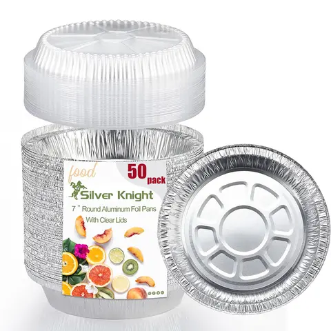 SilverKnight 50pcs 7inch Round Tin Stylish Baking Disposable Bakeware Pans Set, Disposable Aluminum Foil Cookware with Plastic Dome Lids, for Meal Prep & Roasting, Rectangular To-Go Container Option Available, Reduces Cleanup