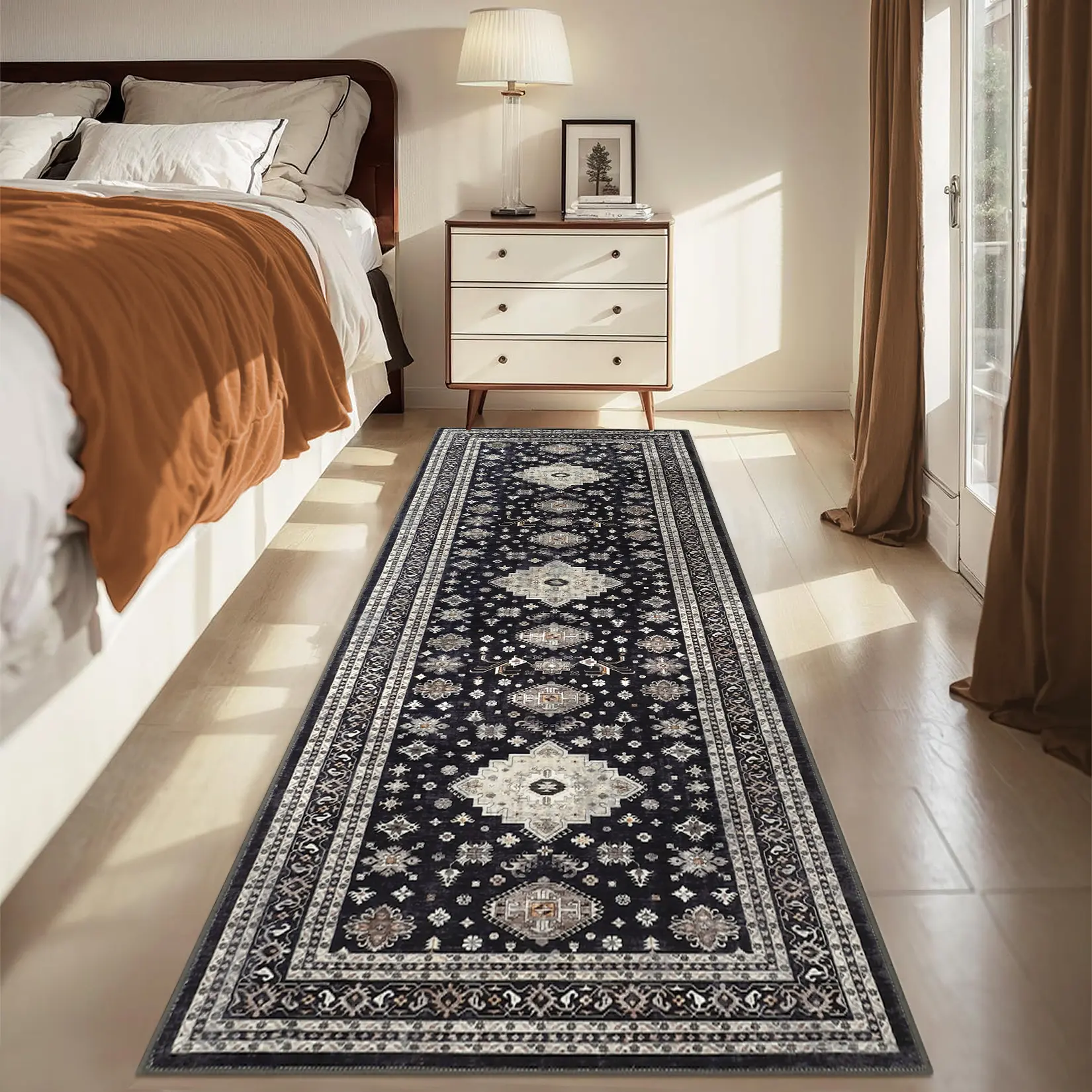 2 x 6 ft Polyester Rectangle Indoor Non-Skid Dark Persian Flower Print Foldable Area Rug, Soft Washable Durability Carpet for Hallway, Bathroom, Non-Skid Area Rugs, Rectangle Area Rugs