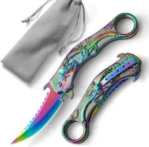 Pocket Knife,3.5" Cool Folding Knife with 3D Dragon Relief,EDC Knife with Pocket Clip and Liner Lock,Knife Gifts For Men Women,Sharp Camping Survival Hiking Knives (Rainbow)