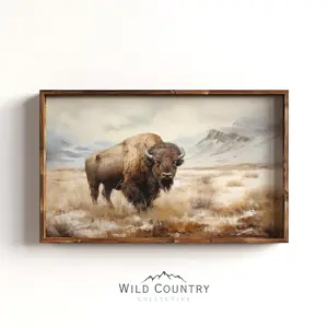 Unframed, Room Decor, Western Bison Decor, American Bison Art Print, Mountain Landscape, Vintage Buffalo Print, Wildlife Wall Art