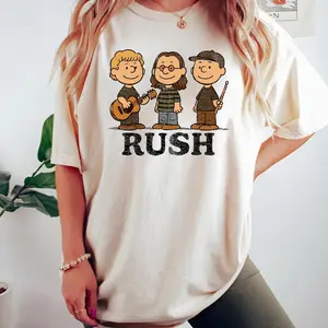 Rush Band Tee: Retro Cartoon Style, Geddy Lee, Alex Lifeson & Neil Peart