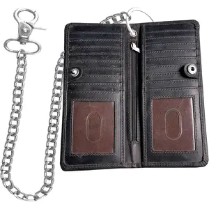 CLASSIC  Chain Wallet for Men -  Cowhide Leather, RFID Bi-Fold Biker Wallet with Heavy Duty ChainBikers Truckers & Hunters, Credit Card  Organizer Long Wallet Crazy Horse Brown