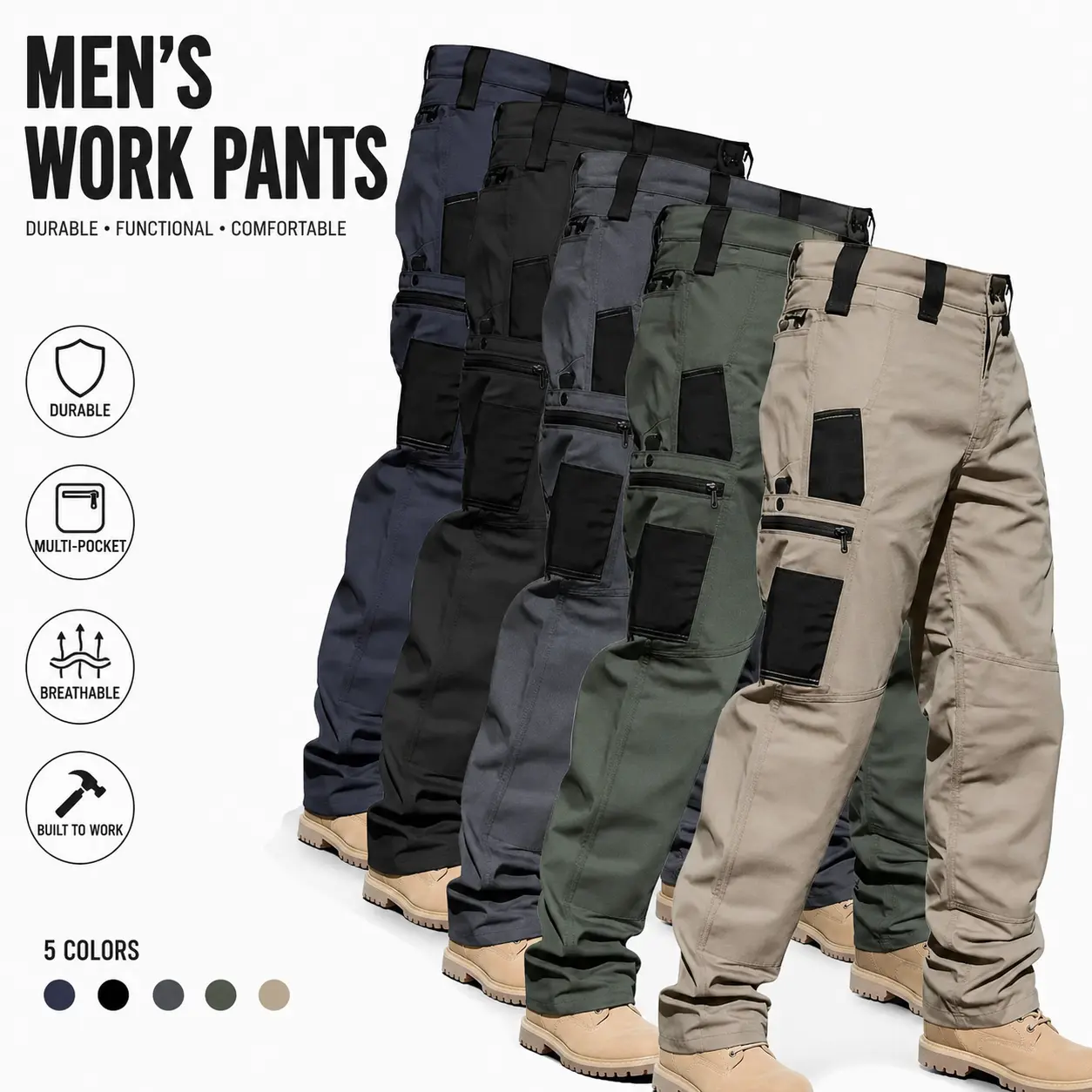 Men’s Outdoor Tactical Cargo Pants, Multi-Pocket Straight-Leg Hiking Work Pants with Reinforced Knees and Contrast Utility Panels