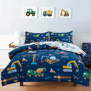 Trucks Tractors Cars Boy Bedding Comforter Set with Sheets, Full Size Cartoon Construction Car Excavator Print Kids Bed in A Bag 5-Piece, Boys Reversible Dorm Bed Sets (Navy Blue Full)