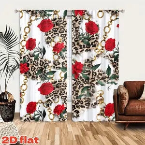 2D Flat 2Pcs Leopard Print & Golden Chain Design Curtains, Red Roses Pattern Drapes, Semi Sunshade Polyester Fiber Panels, Rod Pocket Style Window Decor for Living Room, Bedroom, Dining, Hotel, Office, Cafe, Anti-Privacy Home Treatm