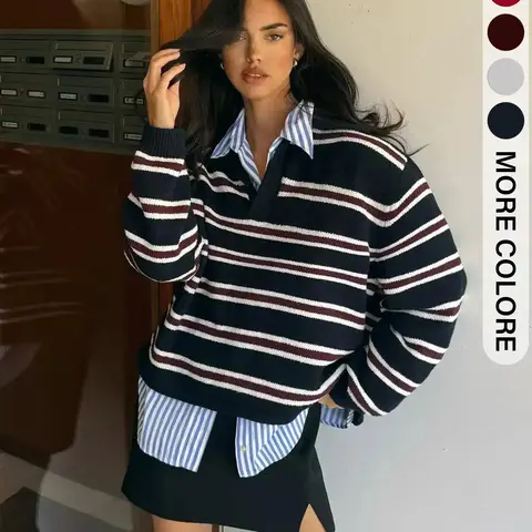 Women's Striped Loose Knit Sweater Pullover, Casual Everyday Long Sleeve Soft Knitwear, Comfortable Fall & Winter Fashion, Simple Style Tops Womenswear, Aesthetic Casual Knitwear, Knitting