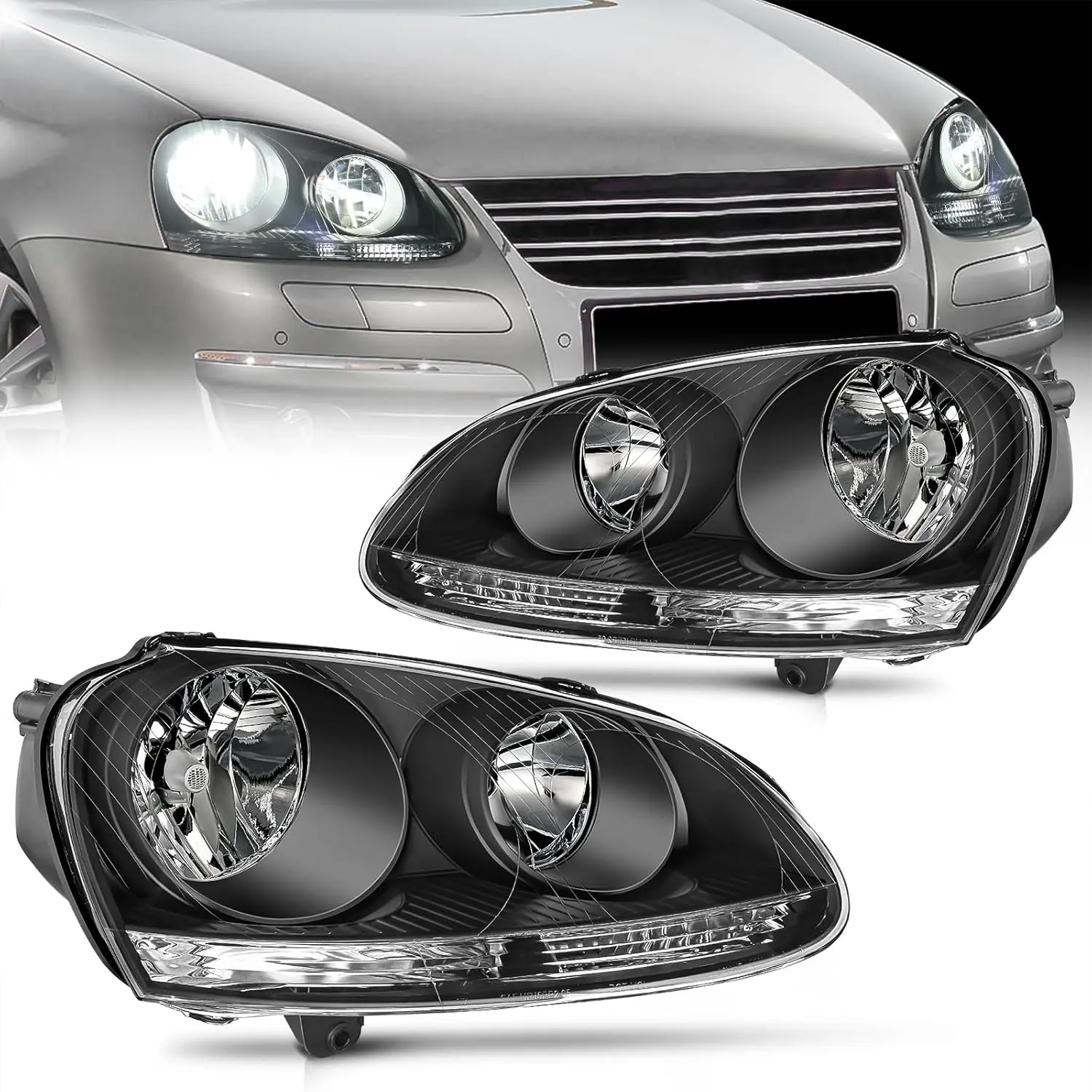 Nilight Black Housing Car Headlights Replacement Assembly - Driver & Passenger Side, Compatible with 2005-2010 Volkswagen Jetta, 2006-2009 VW Rabbit GTI, Brightening, Adjustable, Waterproof, Temperature, H7/H1, Pair Set