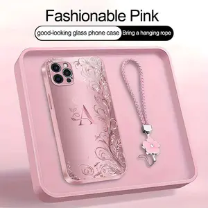 Suitable for [iPhone 12 Pro] high-end women's phone case🤩，a beautiful four-leaf clover lanyard is included🍀，a free four-leaf clover lanyard is included, with 26 letters of the alphabet to choose from and exquisite flower patterns YM99