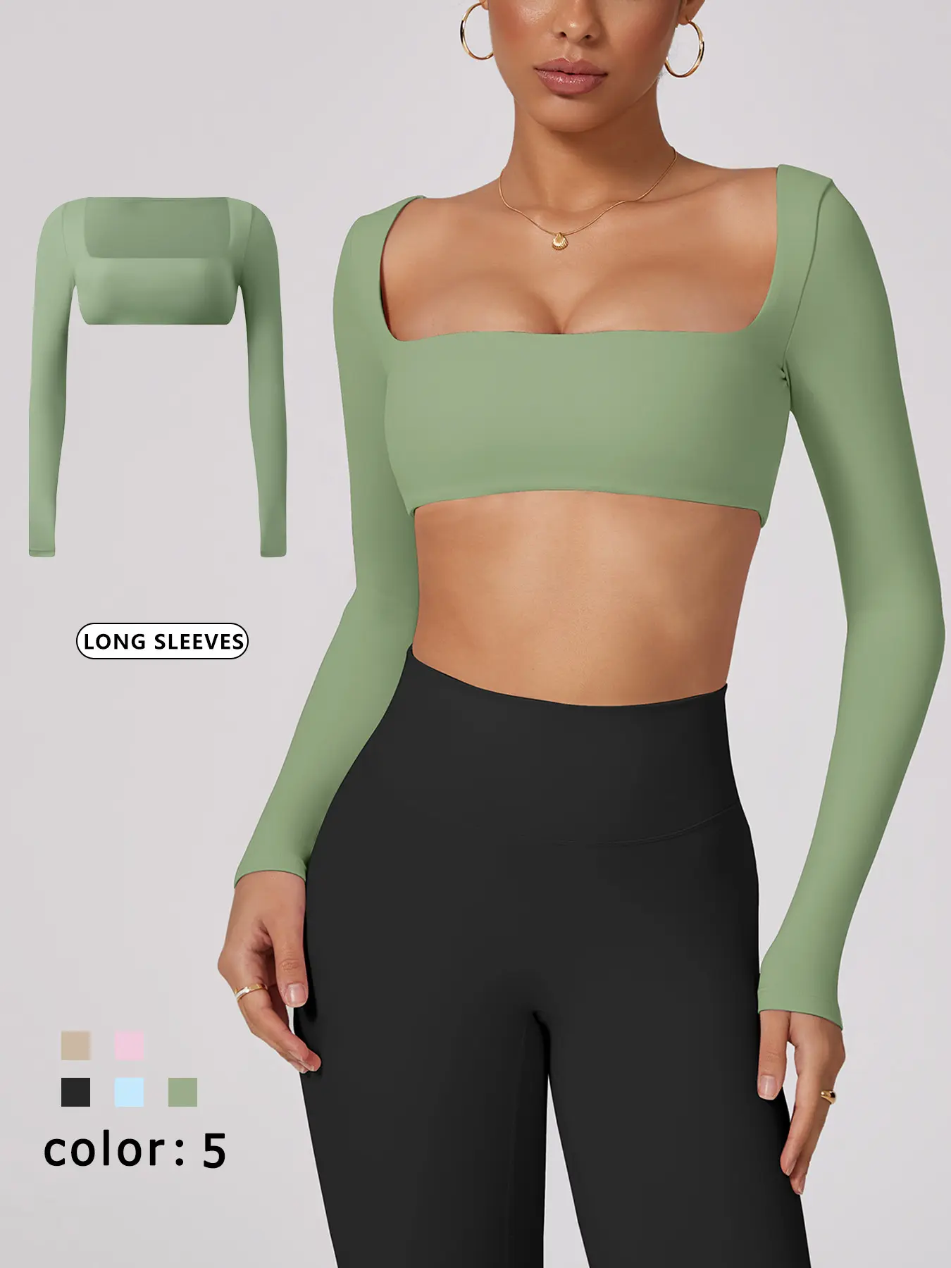Women's Sporty Long Sleeve Top, Fitness Sport Top, High Elasticity Breathable Fabric, Functional Square Neck Design, Short Cut Waist Accent, Spring & Fall, Gym Workout Tops, Fitness Clothes