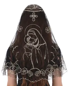 Bozidol D-shape Mantilla Church Veil - Vintage Veil with Madonna and Child Embroidery for Women