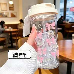 Girls' Heart Bow Travel Cup, Large Capacity Leak-Proof Plastic Cup with Handle, Dual Drinking Mouth, 500ML, Ideal Gift, Portable