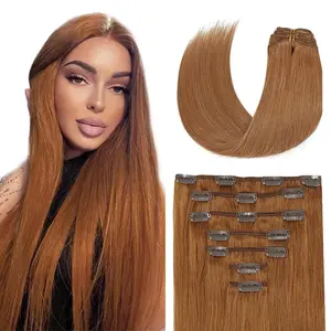 #30 Brown Clip in Hair Extensions,18 Inch Soft Real Human Hair,Color 30 Straight Clip ins 120g 7pcs,Brazilian Remy Light Brown Human Hair Extensions