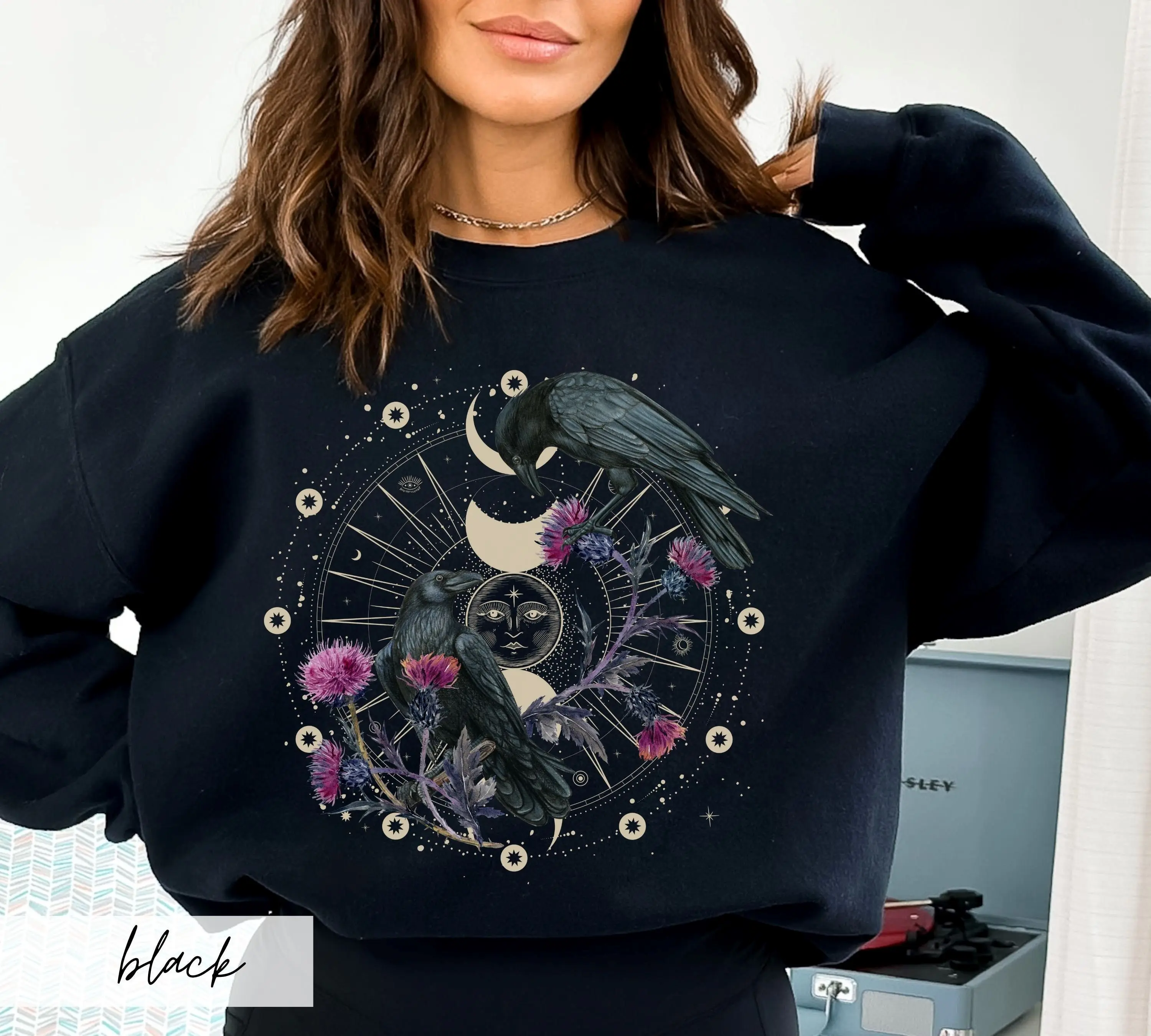 Celestial Ravens and Thistles Sweater, Crowcore Whimsigoth Sweatshirt, Witchy Moon Phase Bird Lover Sweater, Artsy Goth Mystical Crow Gift Cotton Crewneck Sweater Womenswear Tops Women Lady