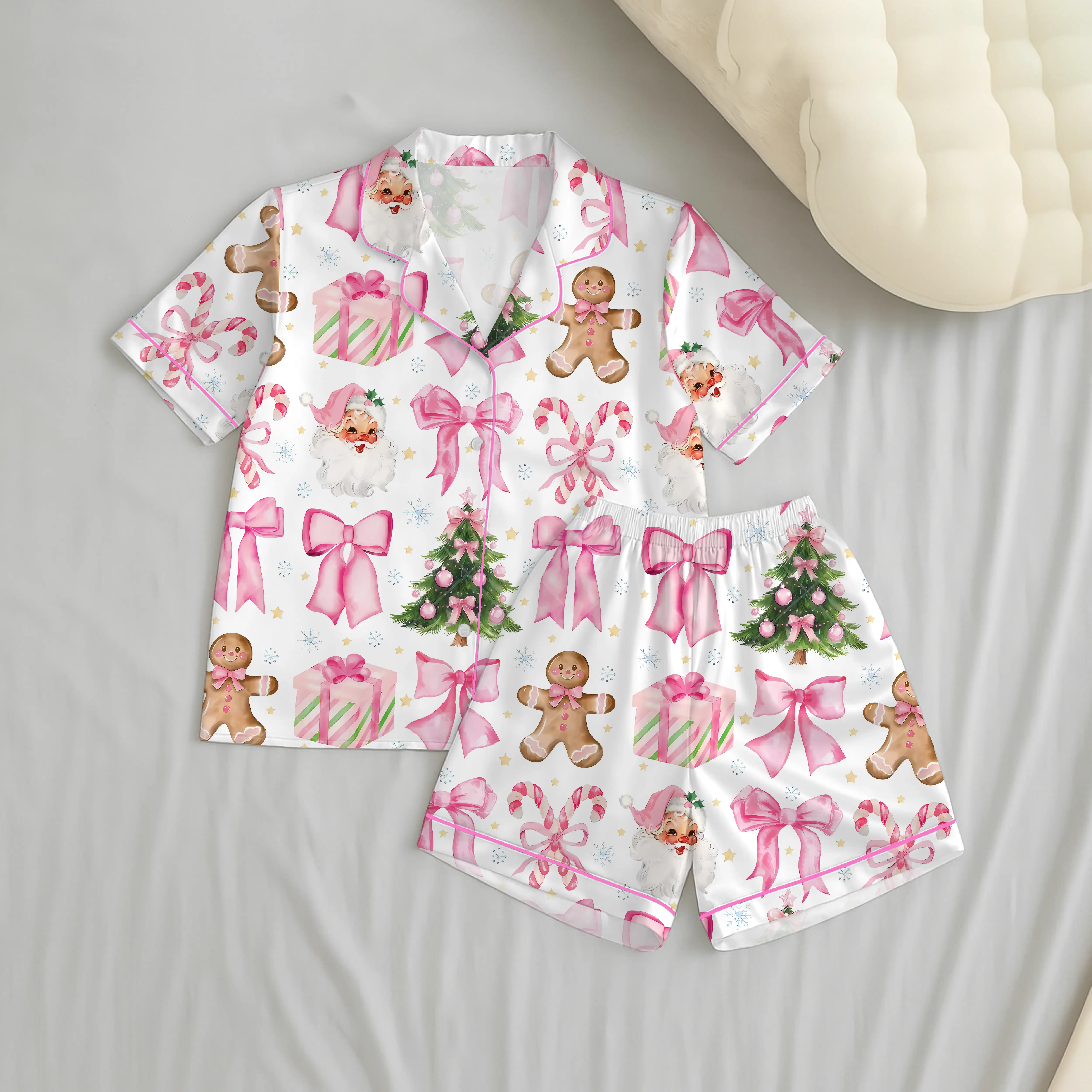Coquette Christmas Candy Pajama Set, Cane Pink Bows Santa Christmas Tree Short Sleeve Satin Pajama Set, Pajama Nightwear Set for Her Women