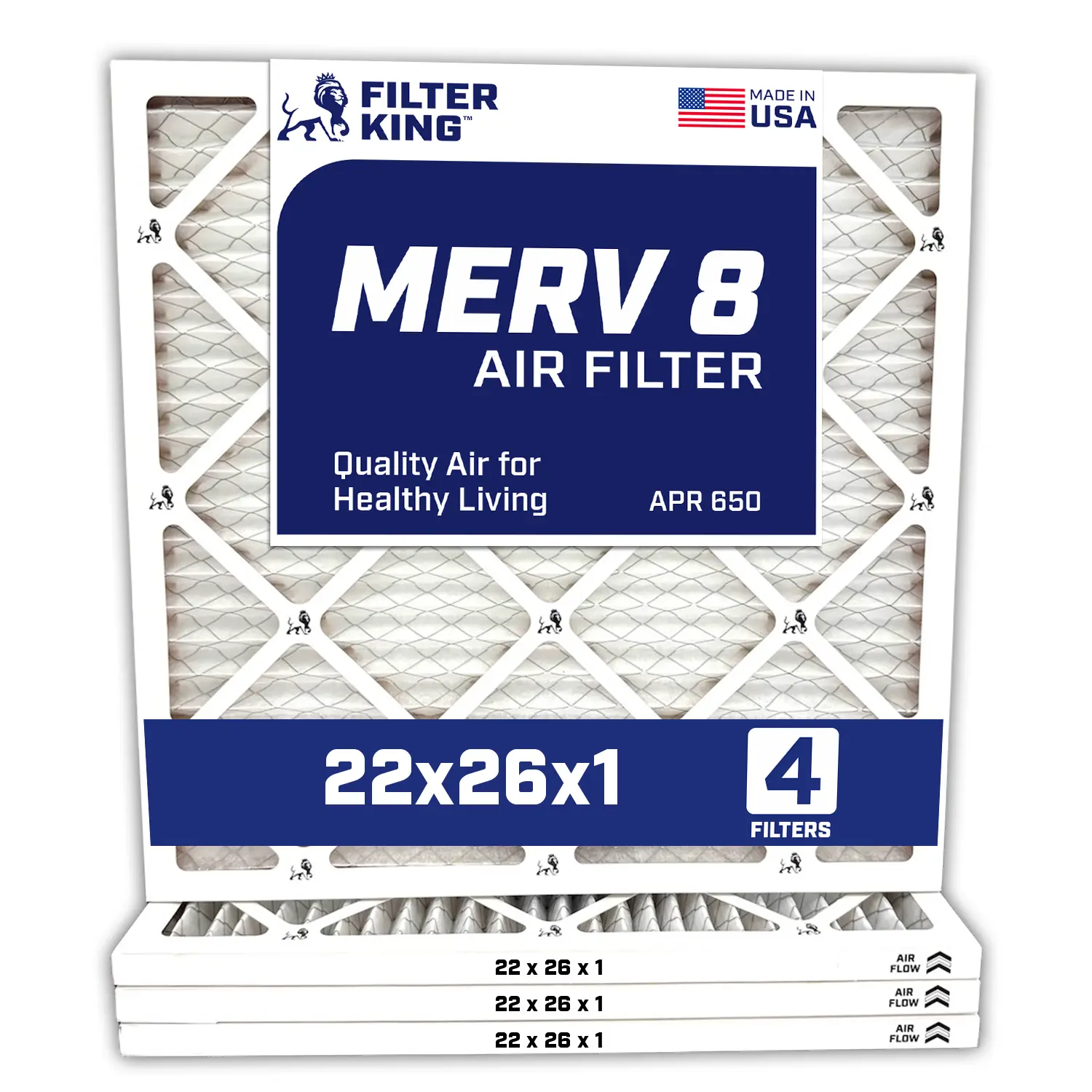 Filter King 22x26x1 Air Filter | 4-PACK | Carbon MERV 8 HVAC Pleated A/C Furnace Filters | MADE IN USA | Actual Size: 22 x 26 x .75"