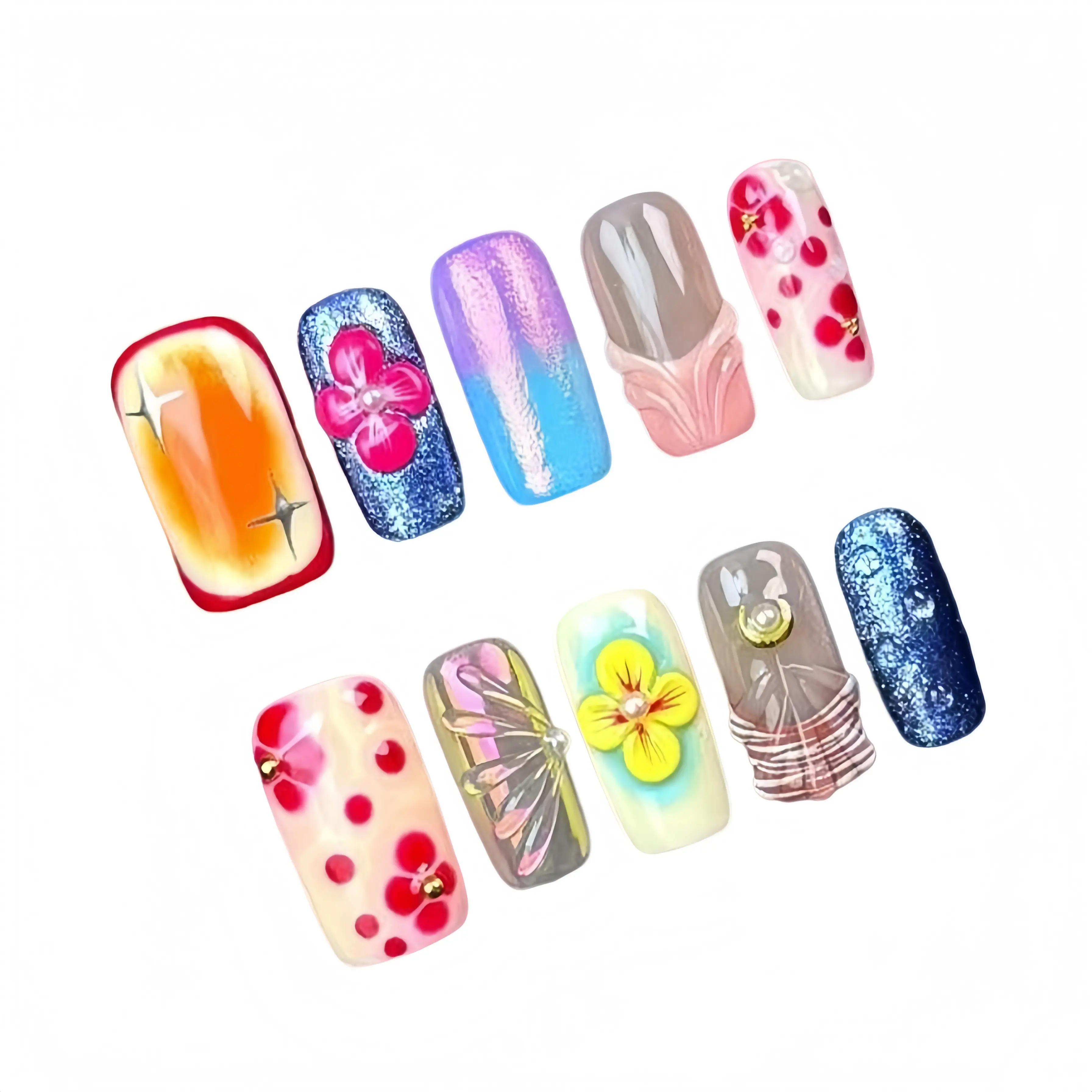 nailrosy 10pcs Square Handmade Acrylic Press-On Nails Kit - Luxury 3D Flowers, Pink White, Exact Size, Cute Look, Spring Summer Y2K Party Use, with Luxury Box