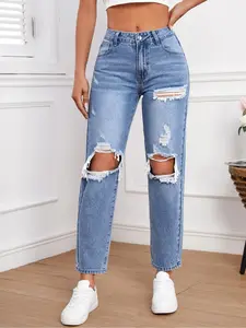 Women's Plain Button Pocket Ripped High Rise Jeans, Fashion Casual High Waist Distressed Denim Pants for Spring Summer Fall, Women's Bottoms for Daily Wear